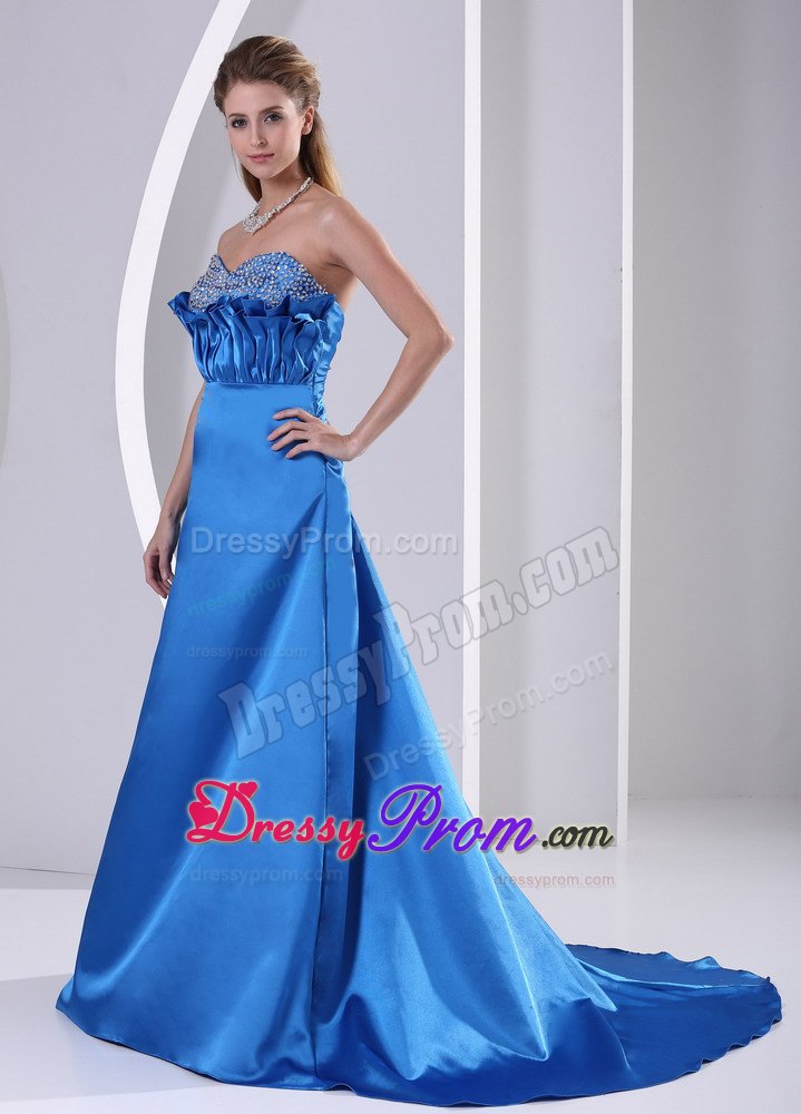 Sky Blue A-line Beaded Sweetheart Prom Formal Dress with Court Train