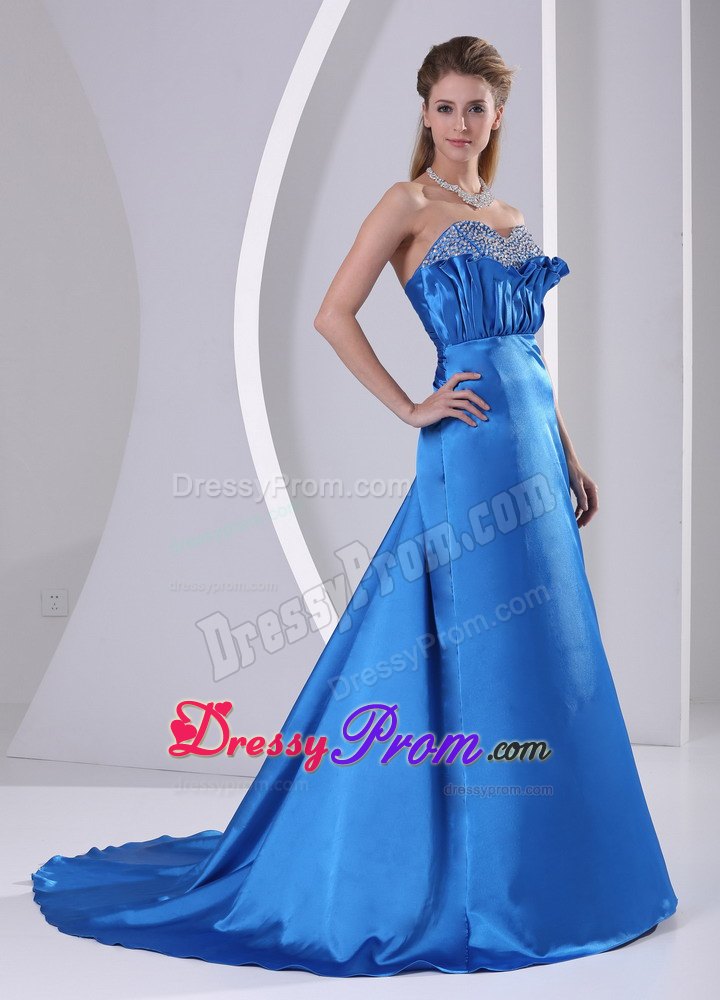 Sky Blue A-line Beaded Sweetheart Prom Formal Dress with Court Train