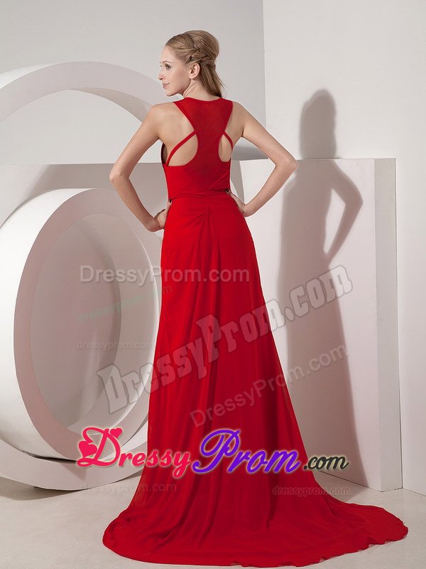 Manhattan Beach CA Red Chiffon Prom Dress of Scoop and Brush Train