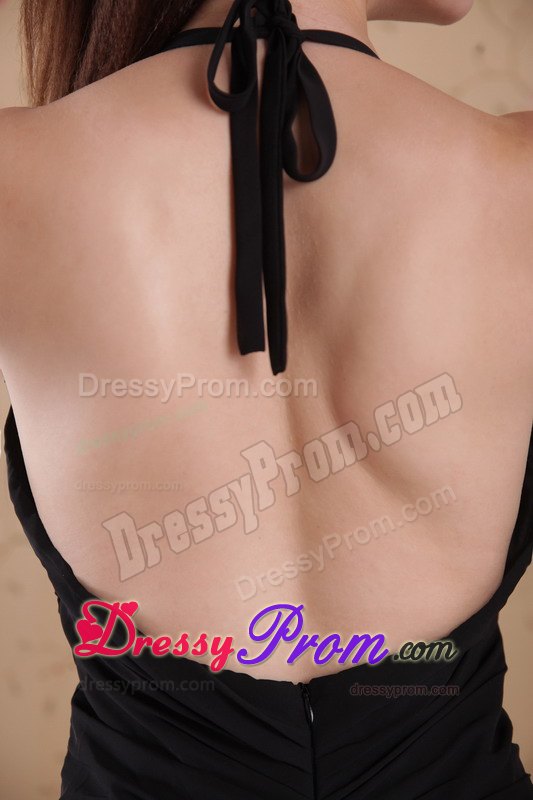 Black Halter Forming V Neck Ruching Prom Dress with Sexy Slit