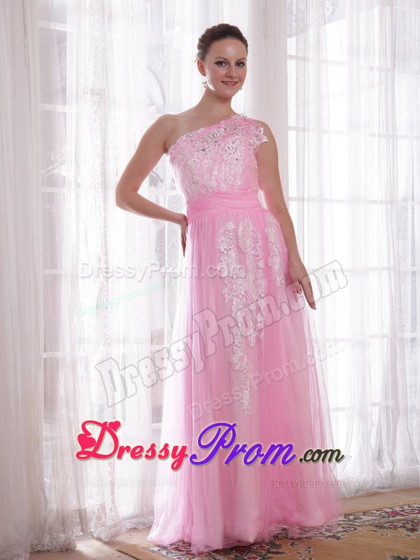 Pink One Shoulder Embroidery and Rhinestones Prom Evening Dress