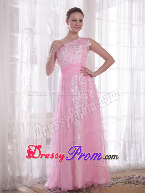 Pink One Shoulder Embroidery and Rhinestones Prom Evening Dress