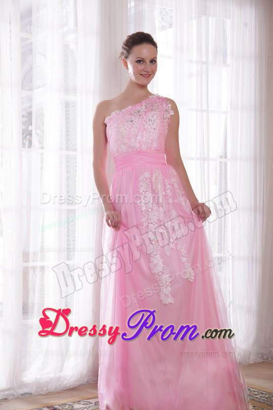 Pink One Shoulder Embroidery and Rhinestones Prom Evening Dress