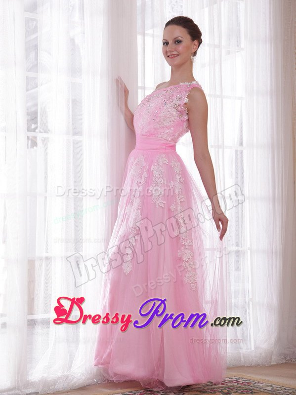 Pink One Shoulder Embroidery and Rhinestones Prom Evening Dress