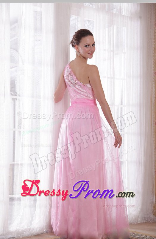 Pink One Shoulder Embroidery and Rhinestones Prom Evening Dress