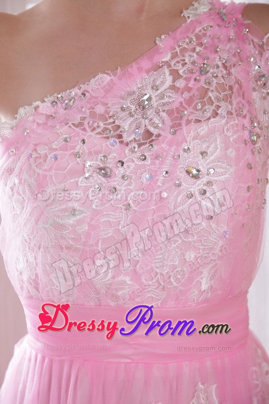 Pink One Shoulder Embroidery and Rhinestones Prom Evening Dress