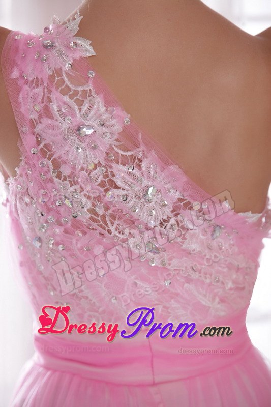 Pink One Shoulder Embroidery and Rhinestones Prom Evening Dress