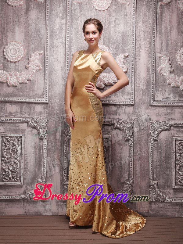 Gold Bateau Sequin Beading Prom Evening Dress with Brush Train