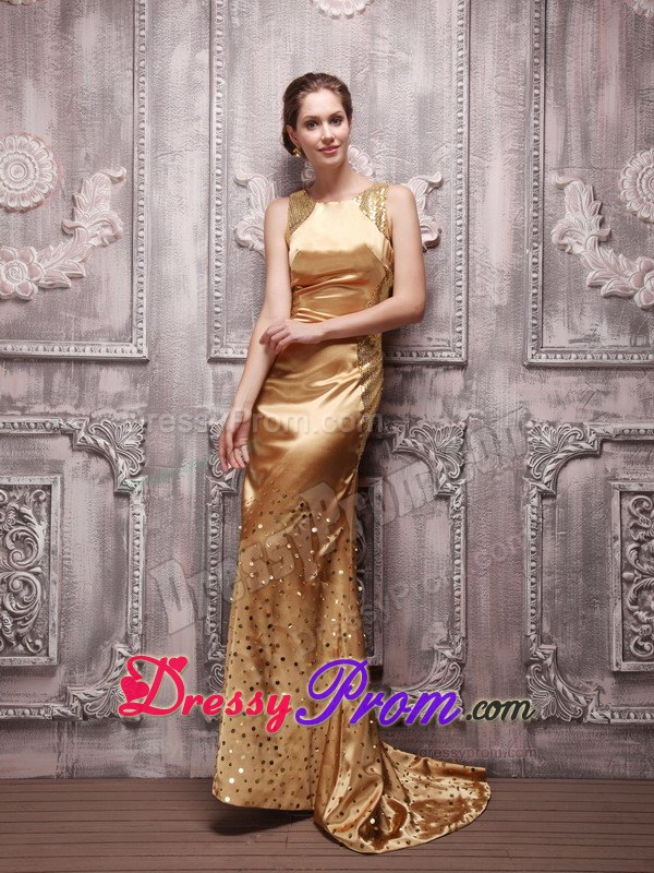 Gold Bateau Sequin Beading Prom Evening Dress with Brush Train