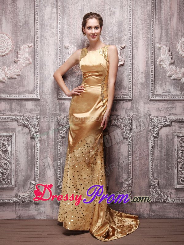Gold Bateau Sequin Beading Prom Evening Dress with Brush Train