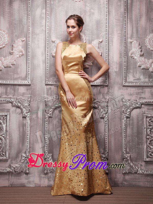 Gold Bateau Sequin Beading Prom Evening Dress with Brush Train