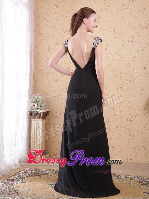 Beaded Straps Forming V-neck Ruching Prom Evening Dress in Black