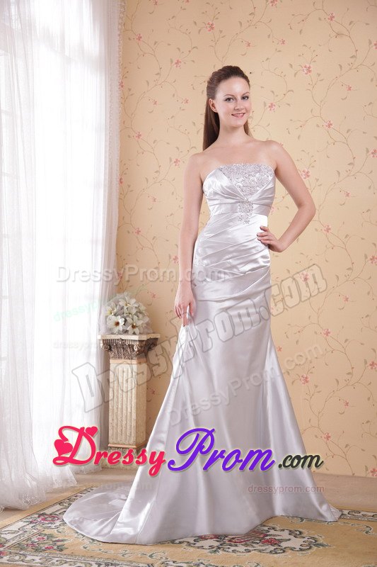 Grey Strapless Appliques and Ruching Prom Dress Attached Court Train