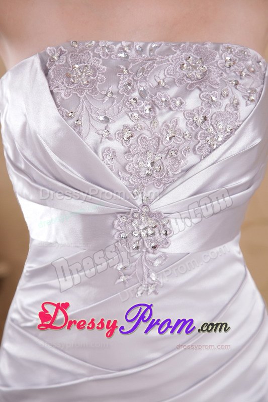 Grey Strapless Appliques and Ruching Prom Dress Attached Court Train