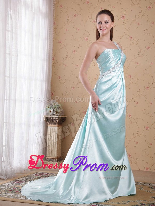 Light Blue Empire One Shoulder Decorated Appliques Prom Dress
