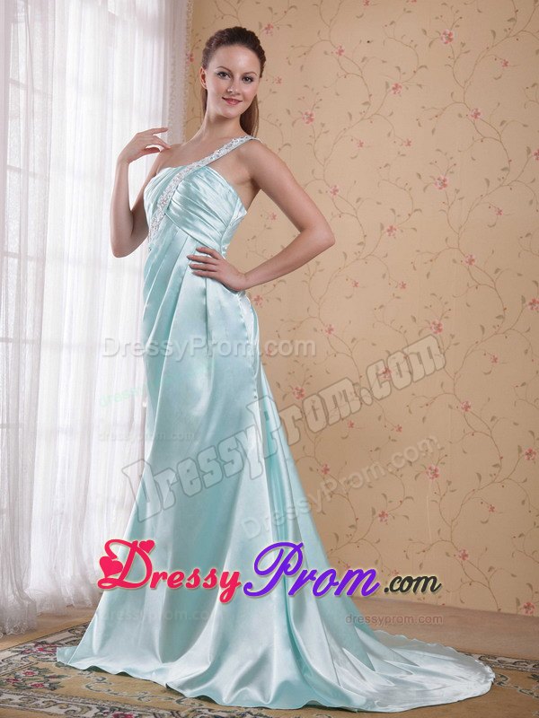 Light Blue Empire One Shoulder Decorated Appliques Prom Dress