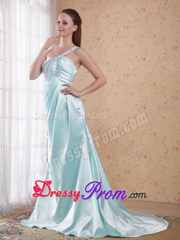 Light Blue Empire One Shoulder Decorated Appliques Prom Dress