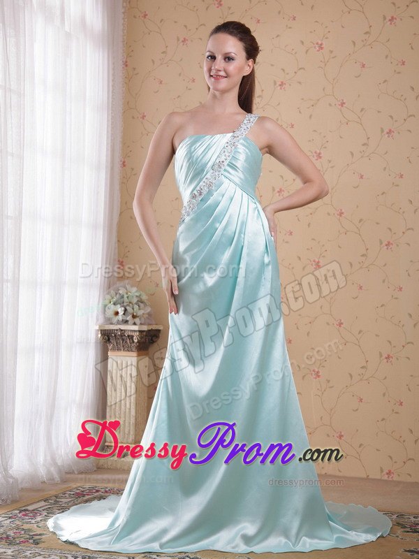 Light Blue Empire One Shoulder Decorated Appliques Prom Dress