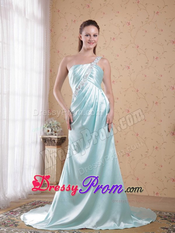 Light Blue Empire One Shoulder Decorated Appliques Prom Dress