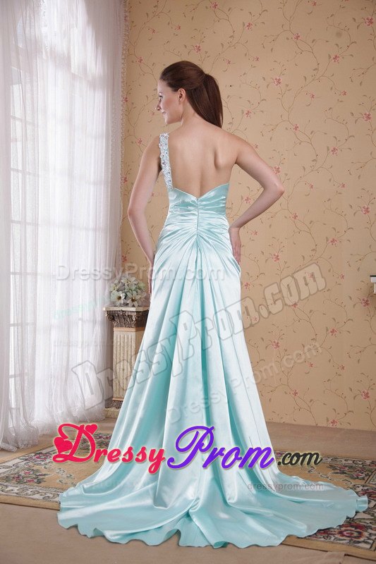 Light Blue Empire One Shoulder Decorated Appliques Prom Dress