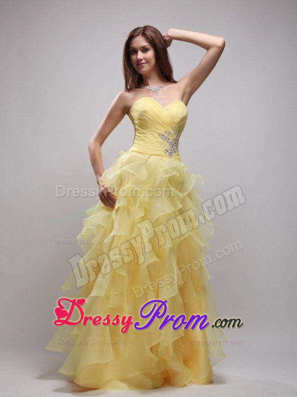 Yellow Empire Sweetheart Ruffles and Appliques Prom Evening Dress
