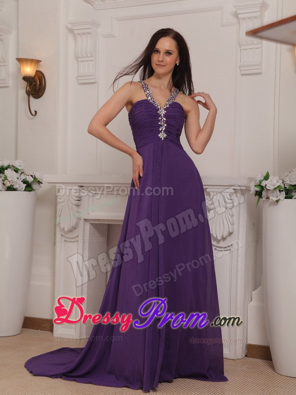 Beaded V-neck Brush Train Ruching Prom Pageant Dress in Purple