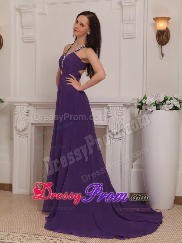 Beaded V-neck Brush Train Ruching Prom Pageant Dress in Purple