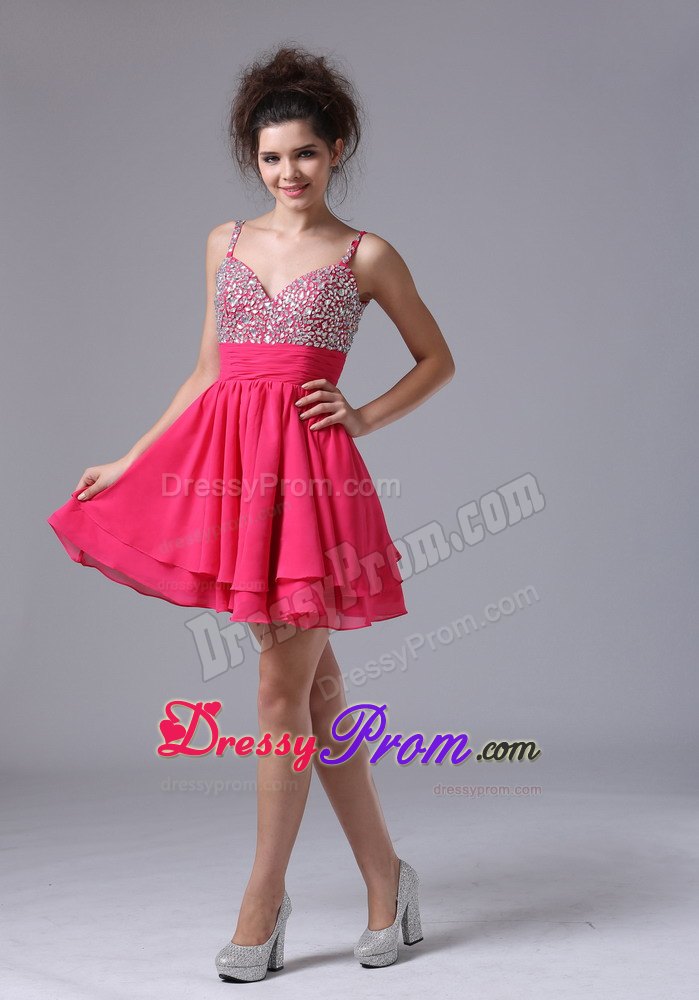 Hot Pink Spaghetti Straps Beading Mini Prom Nightclub Dresses