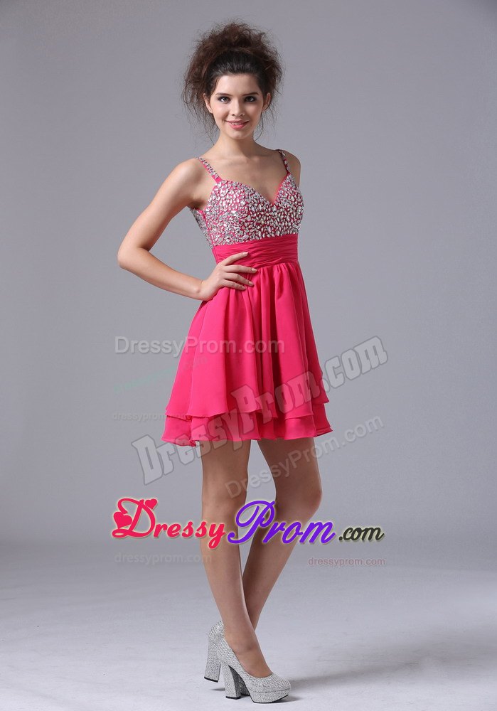 Hot Pink Spaghetti Straps Beading Mini Prom Nightclub Dresses