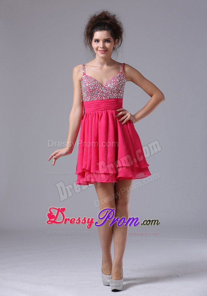 Hot Pink Spaghetti Straps Beading Mini Prom Nightclub Dresses