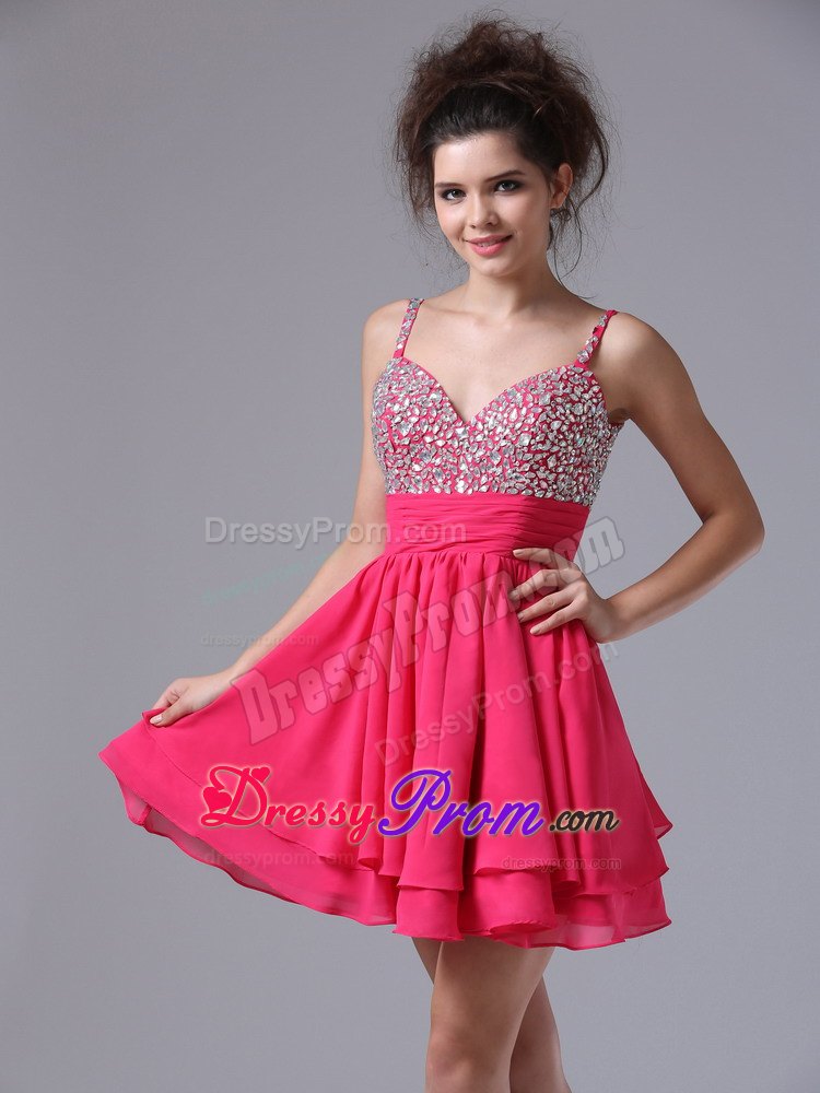 Hot Pink Spaghetti Straps Beading Mini Prom Nightclub Dresses