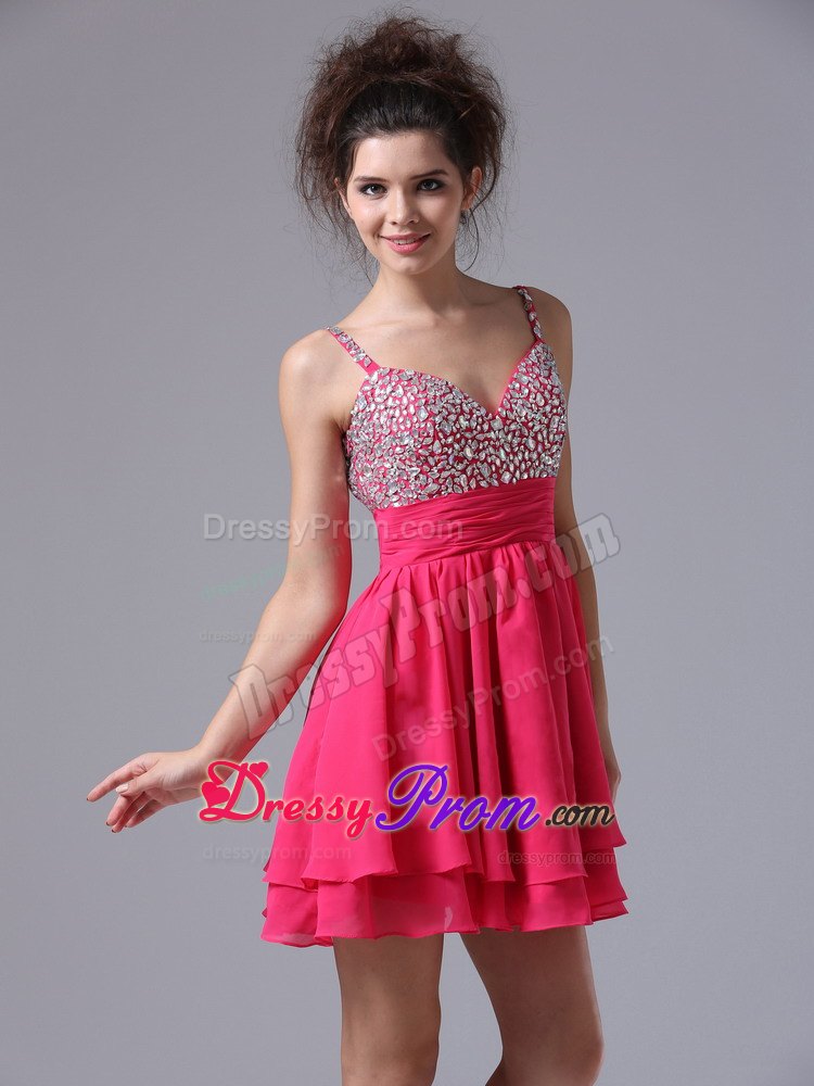 Hot Pink Spaghetti Straps Beading Mini Prom Nightclub Dresses
