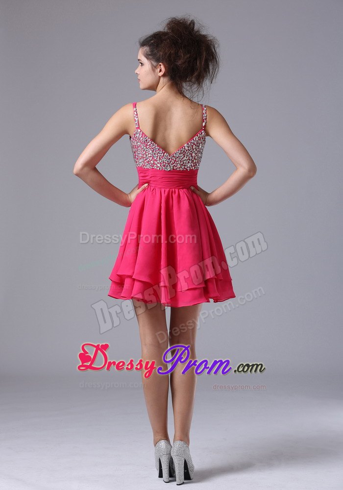 Hot Pink Spaghetti Straps Beading Mini Prom Nightclub Dresses