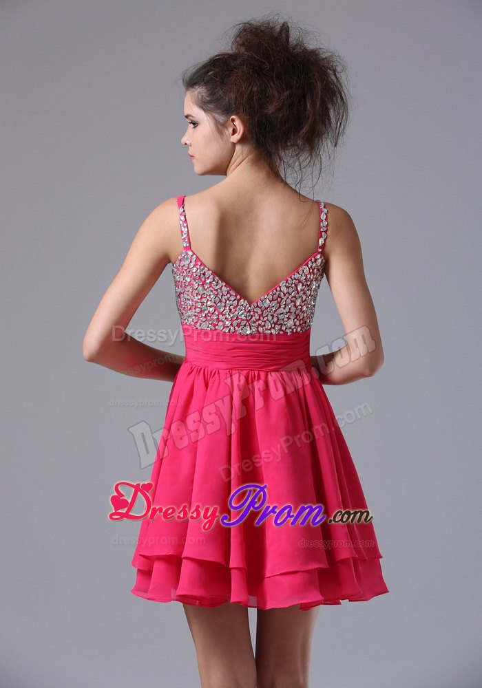 Hot Pink Spaghetti Straps Beading Mini Prom Nightclub Dresses