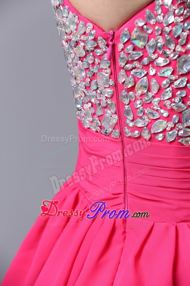 Hot Pink Spaghetti Straps Beading Mini Prom Nightclub Dresses