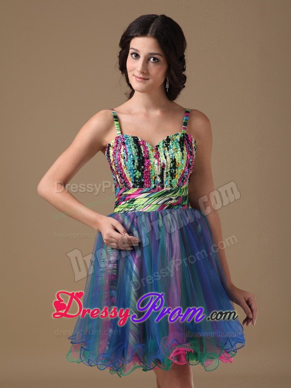 Straps A-line Multi-color Organza and Printing Beading Prom Formal Dresses