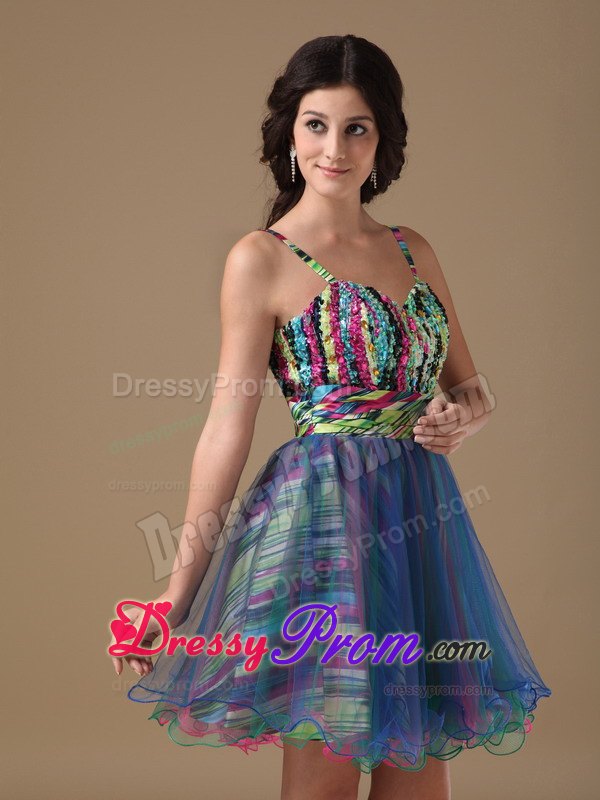 Straps A-line Multi-color Organza and Printing Beading Prom Formal Dresses