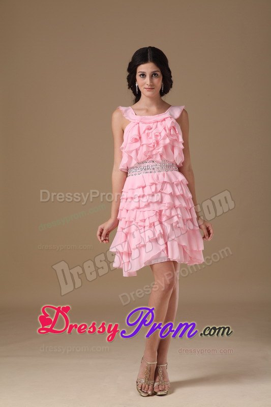 Scoop A-line Chiffon Mini-length Beading Prom Court Dresses in Pink