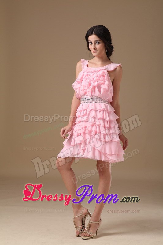 Scoop A-line Chiffon Mini-length Beading Prom Court Dresses in Pink
