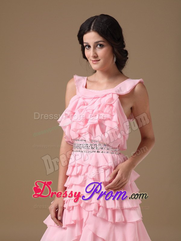 Scoop A-line Chiffon Mini-length Beading Prom Court Dresses in Pink