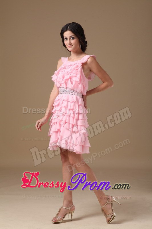 Scoop A-line Chiffon Mini-length Beading Prom Court Dresses in Pink