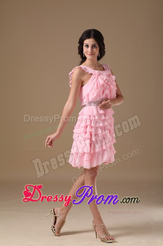 Scoop A-line Chiffon Mini-length Beading Prom Court Dresses in Pink