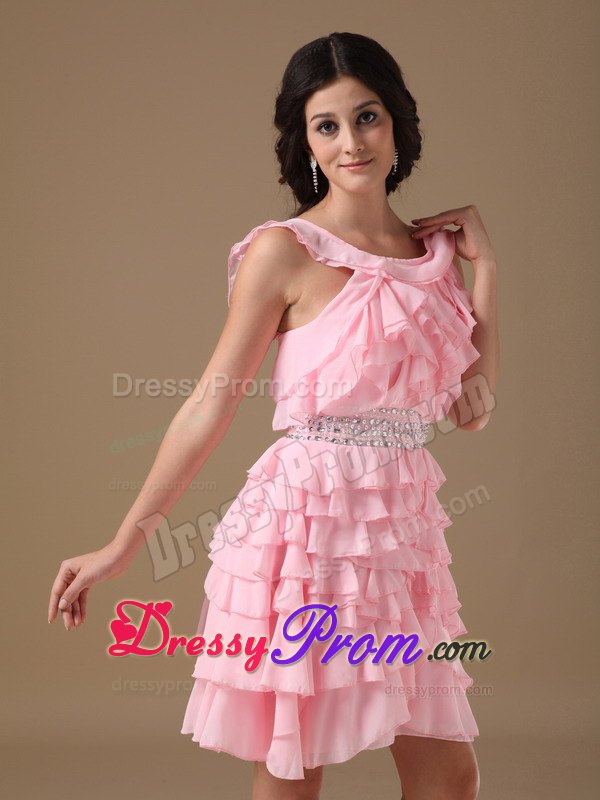 Scoop A-line Chiffon Mini-length Beading Prom Court Dresses in Pink