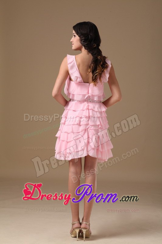 Scoop A-line Chiffon Mini-length Beading Prom Court Dresses in Pink