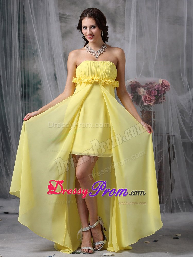 High-low Yellow Ruching Column Chiffon Hand Flowers JS Prom Dresses