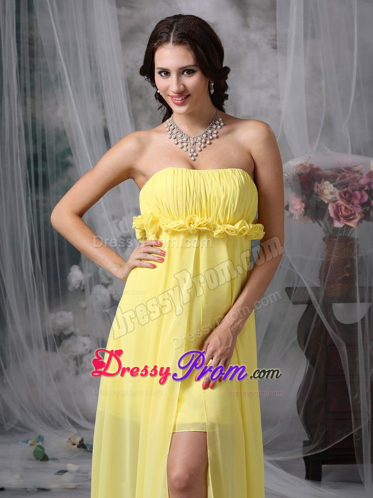High-low Yellow Ruching Column Chiffon Hand Flowers JS Prom Dresses