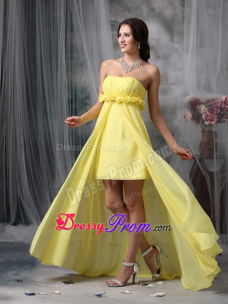 High-low Yellow Ruching Column Chiffon Hand Flowers JS Prom Dresses