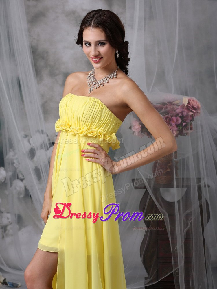 High-low Yellow Ruching Column Chiffon Hand Flowers JS Prom Dresses