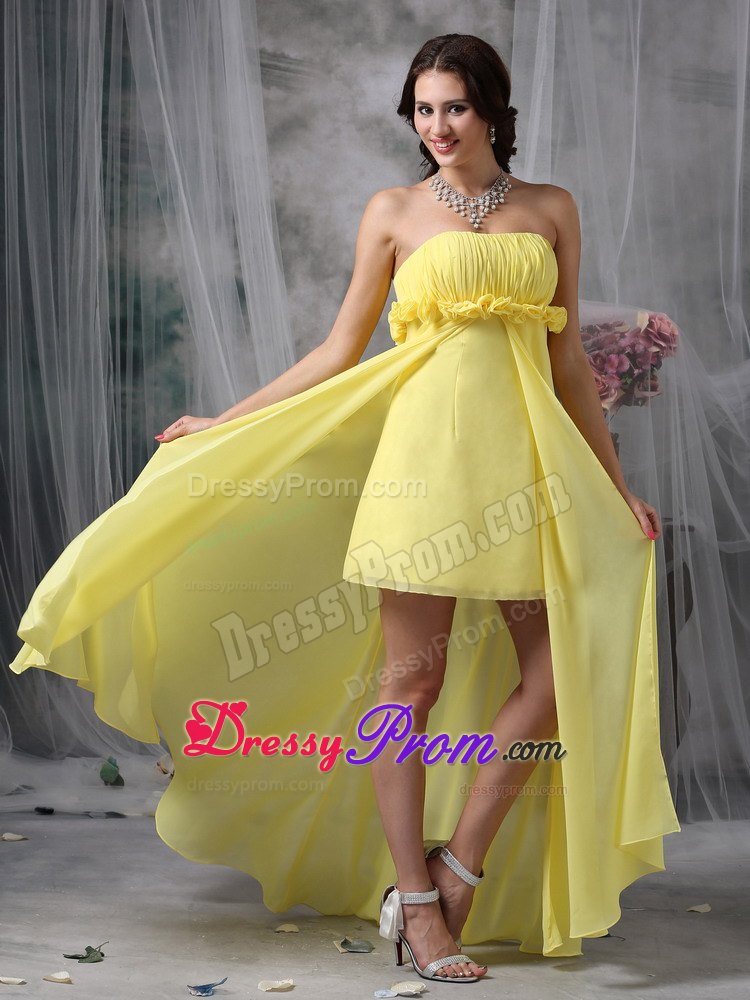 High-low Yellow Ruching Column Chiffon Hand Flowers JS Prom Dresses