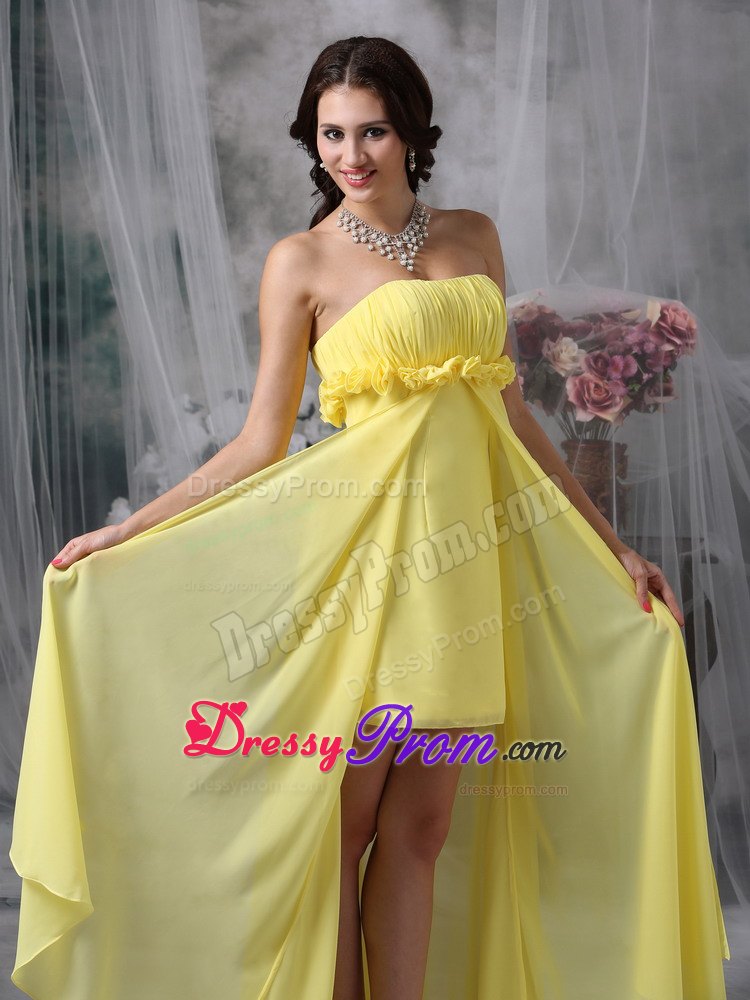 High-low Yellow Ruching Column Chiffon Hand Flowers JS Prom Dresses